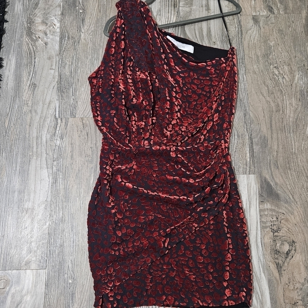 IRO Elegant Red One-Shoulder Dress velvet burnout style silk blend size 36 =4